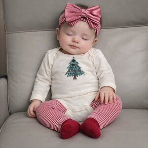 New! Cream Baby Onesie with Tree Design and Red Striped Pants